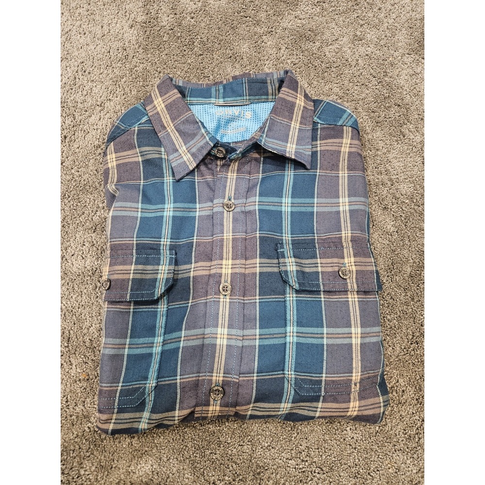 Orvis Men's Plaid Long Sleeve‎ Button-Up Shirt Large Polyester Blue Plaid